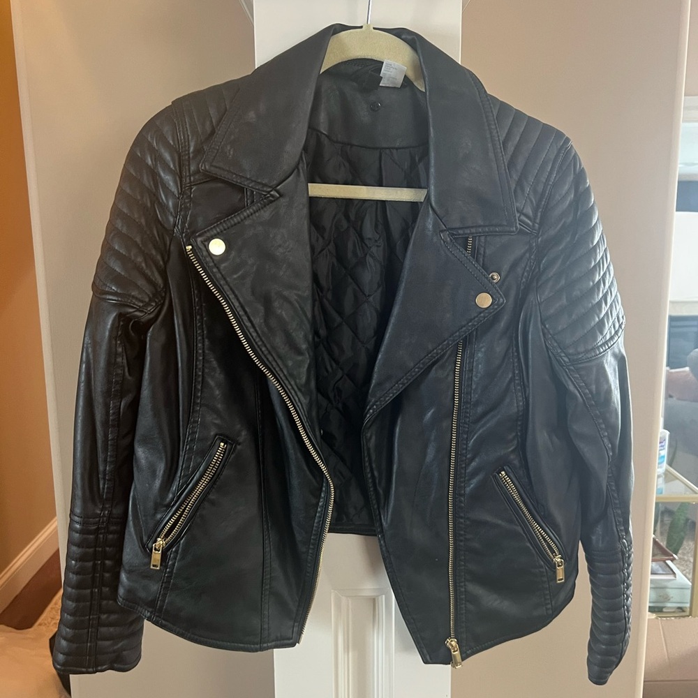 Black Quilted Faux Leather Moto Jacket - Women